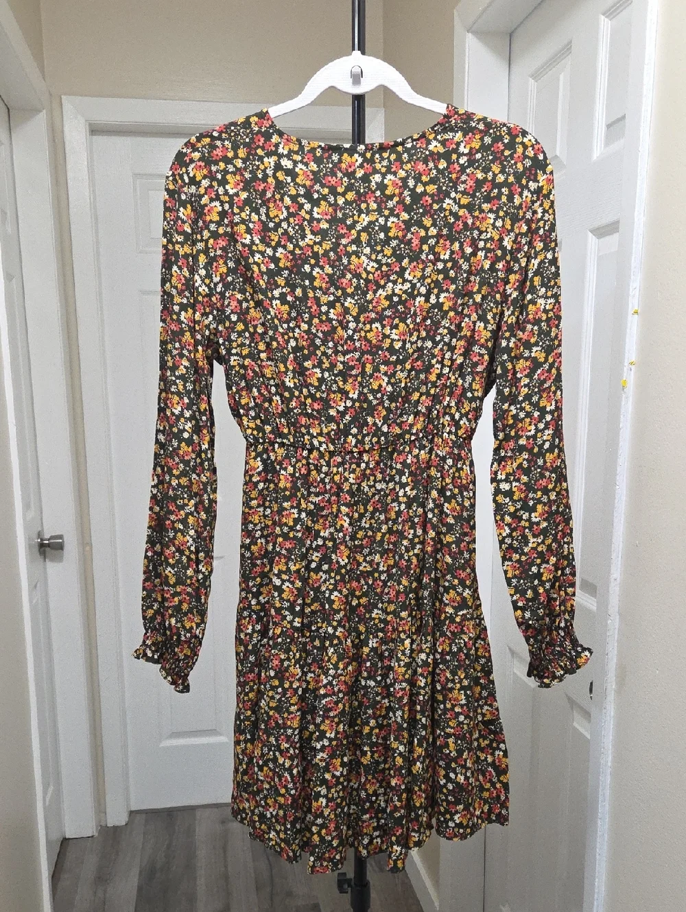 NWT APRICOT Black Floral V-Neck Smock Waist Long Sleeve Mini Dress Boho - Picture 8 of 9